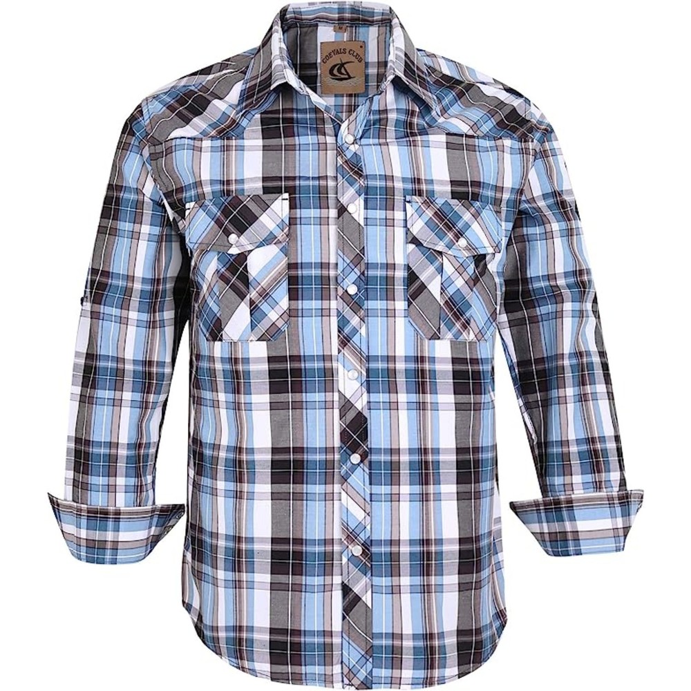 Western Cowboy Long Sleeve Pearl Snap Casual Plaid Work Shirt Lt Blue & Gray S